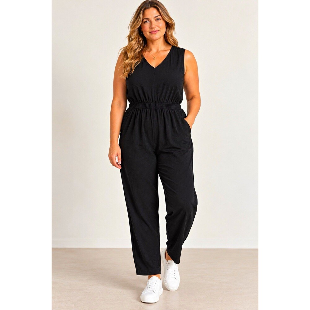 Eileen Fisher Women’s Black V-Neck Sleeveless Jumpsuit L Pockets Tapered 23"